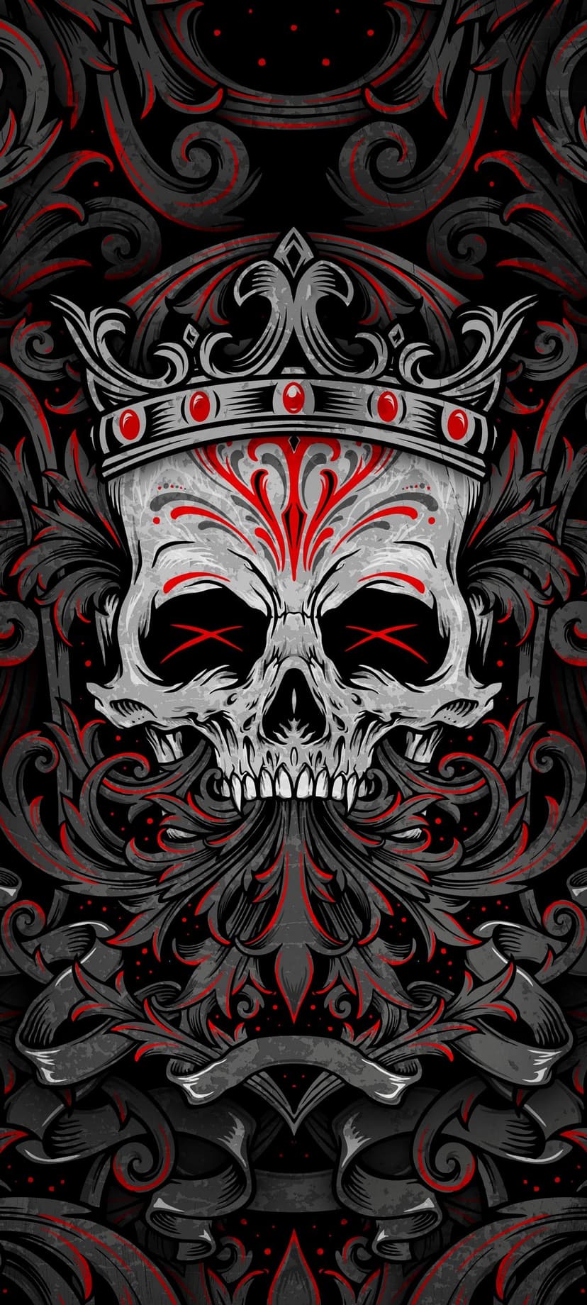 Human skull wearing a detailed crown with red ornate patterns against a dark, textured filigree background.