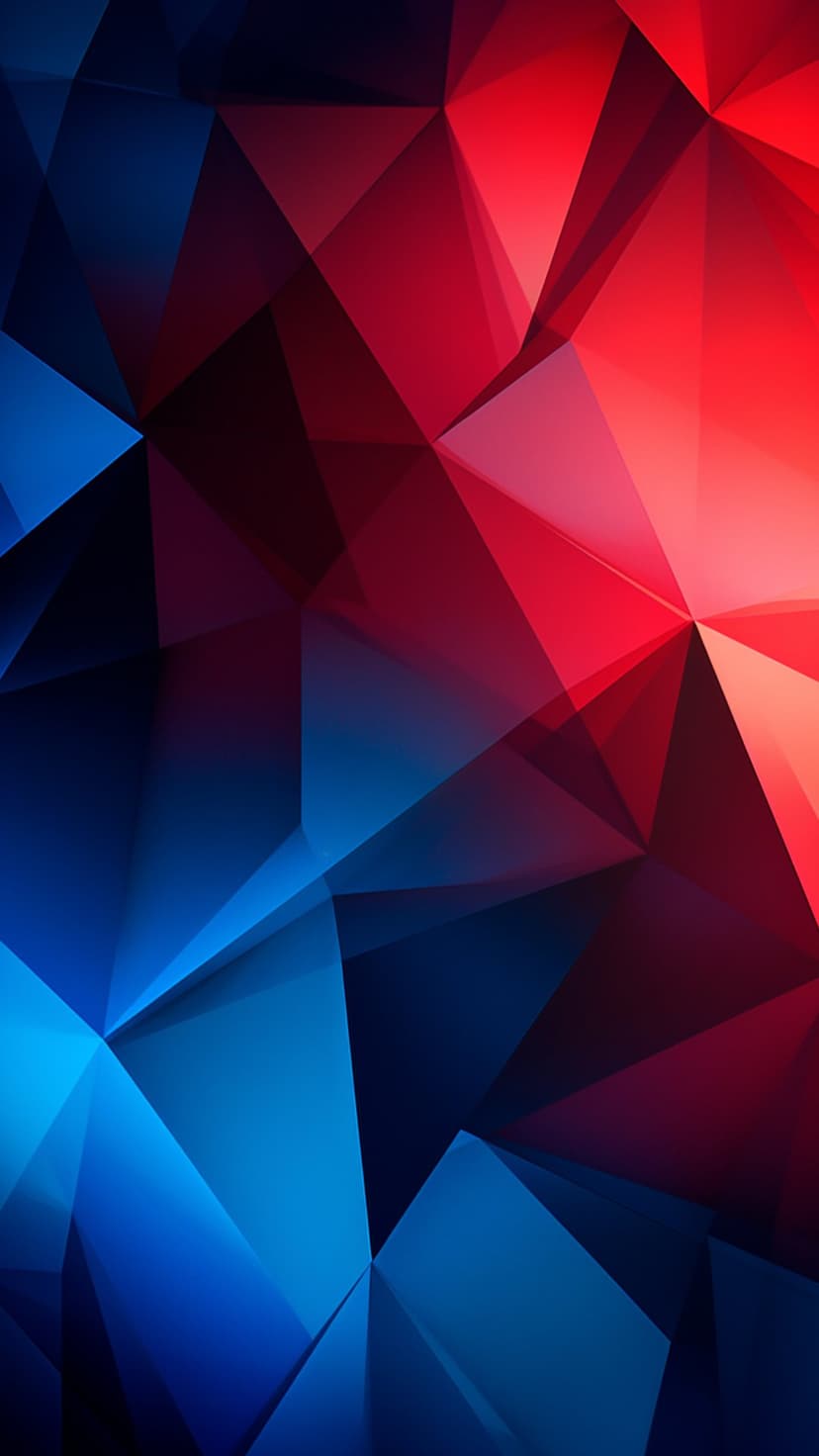 Interlocking 3D crystal facets featuring a sharp gradient shift from dark sapphire blue to vivid crimson red.