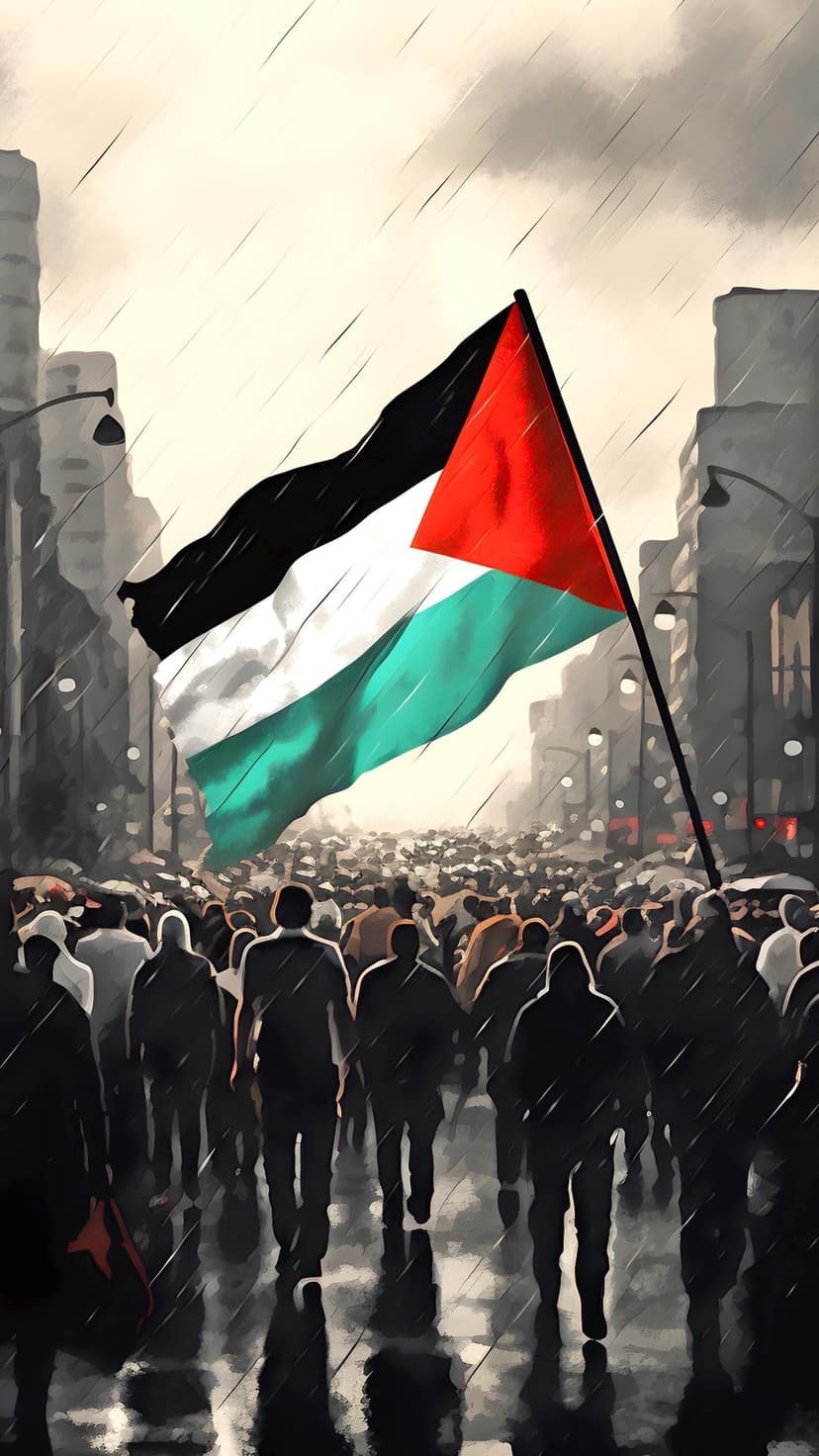 Palestinian flag waving over blurred protestors in a rainy city street, showing red, black, and green colors.