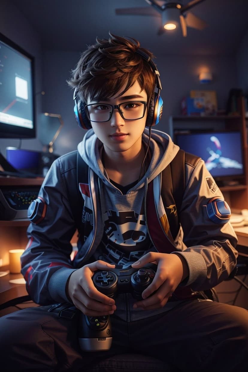 Young boy wearing glasses and headphones holds a game controller in a dark room with glowing computer monitors.
