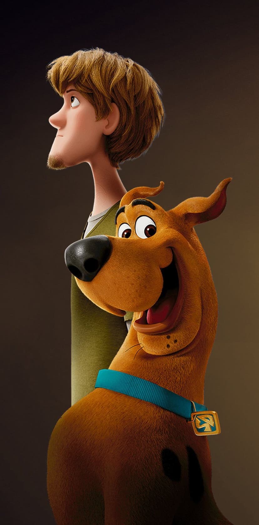Shaggy Rogers looks up thoughtfully as a grinning Scooby-Doo stands close in this vertical character portrait.