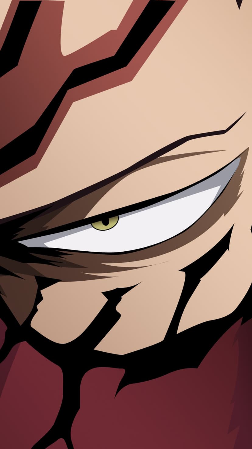 Kai Chisaki staring forward with a glowing green eye and dark cracks on his face against a deep red background.