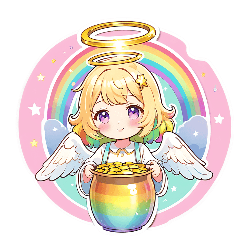 Chibi angel sticker holding a rainbow pot of gold coins against a pink circle with clouds and stars.