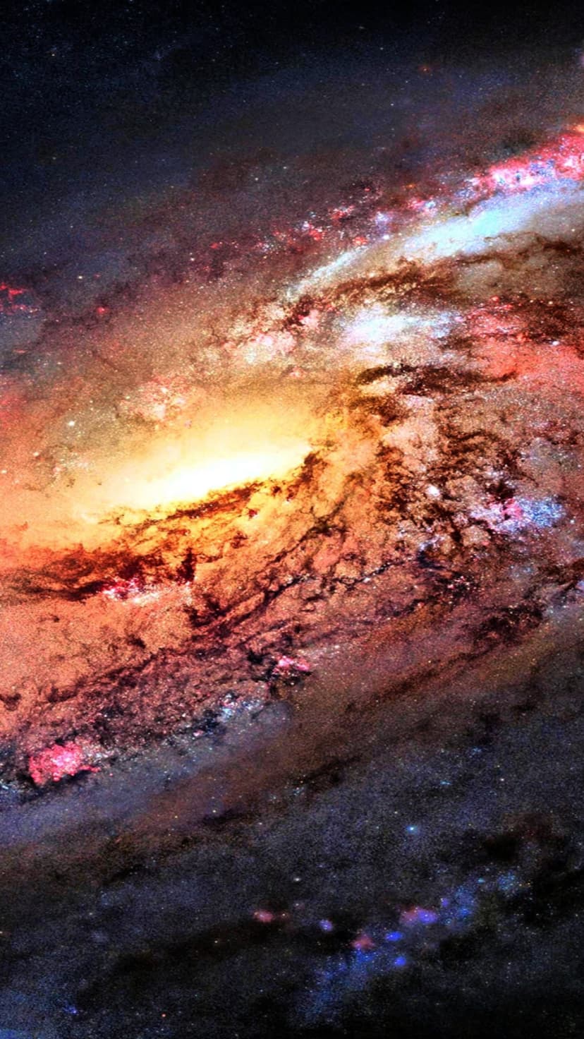 Bright spiral galaxy featuring glowing purple nebulae and golden star clusters against a dark cosmic background.