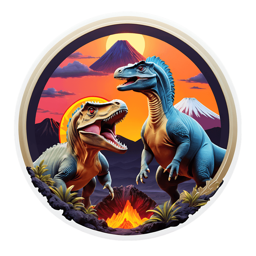 Blue raptor dinosaur sticker roaring next to a brown theropod against an erupting volcano and sunset sky.