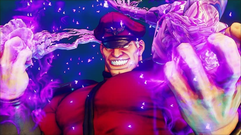 M. Bison from Street Fighter grins as purple energy swirls around his hands in a red military uniform.