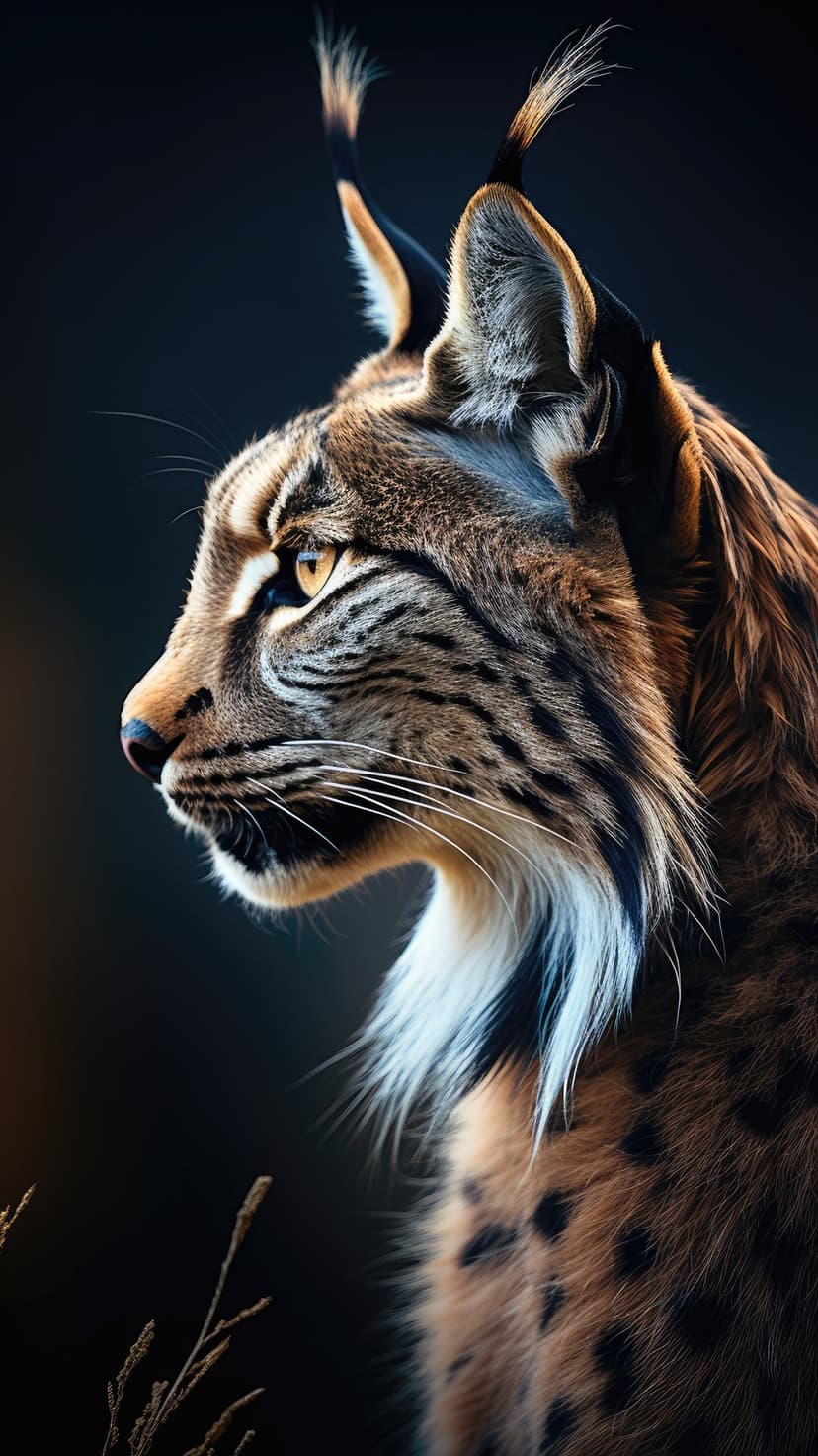 Lynx in profile showing pointed ear tufts and golden eyes against a dark background for mobile accessibility.