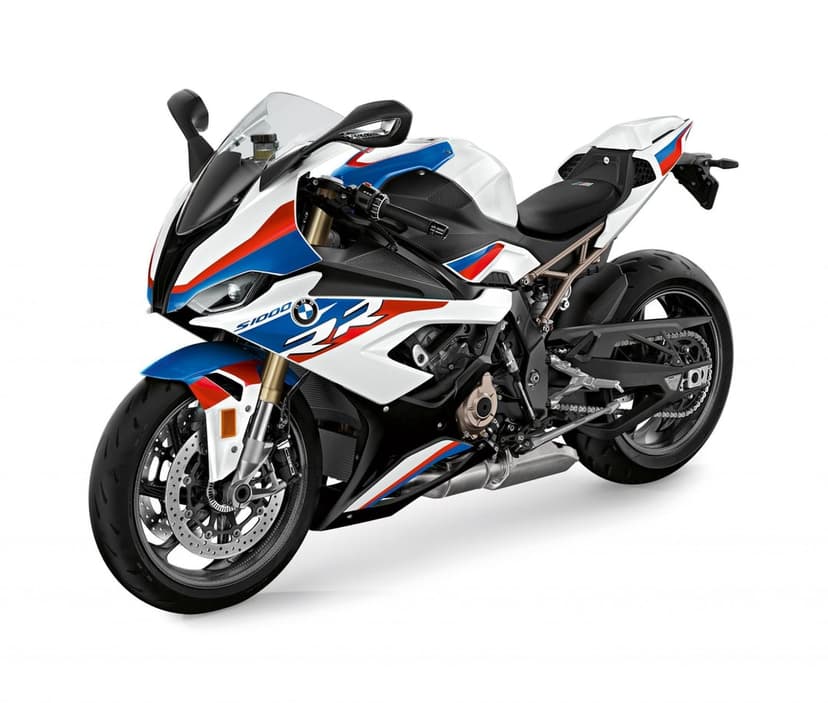 BMW S1000RR sportbike with M Motorsport colors, carbon fiber accents, and gold forks on a white background.