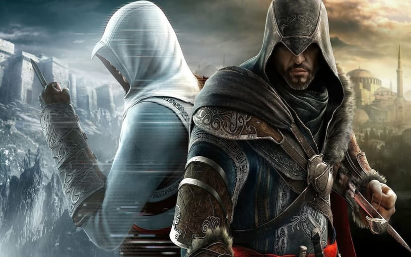Altair and Ezio stand back-to-back against Masyaf and Constantinople in this dual-themed gaming scene.