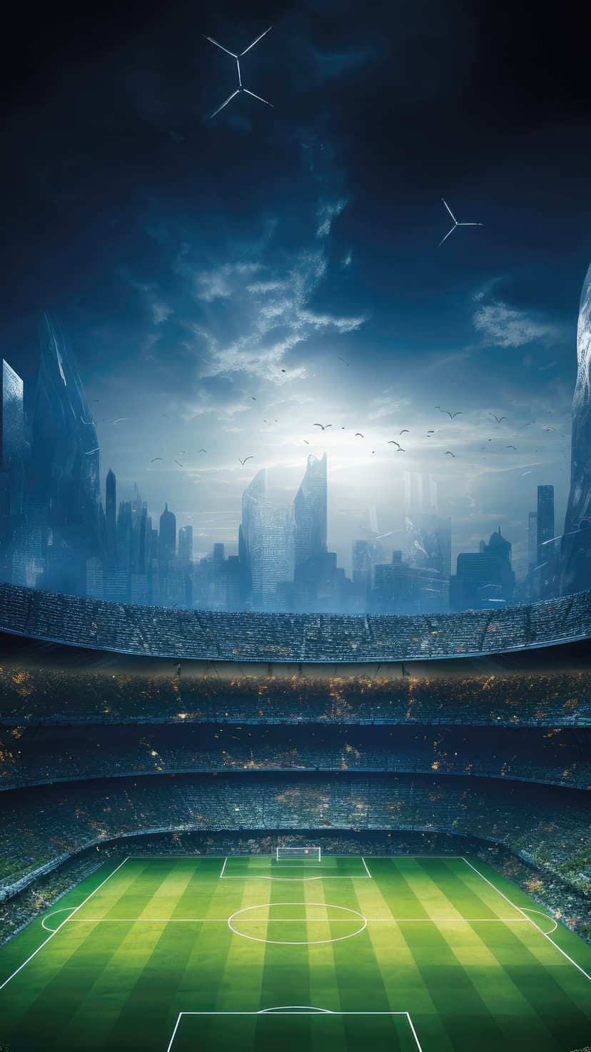 Green soccer field sits within a massive stadium surrounded by a futuristic city under dark clouds.