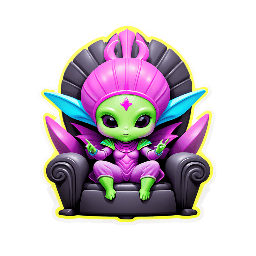Green chibi alien character sitting on a black throne wearing a purple suit with a yellow sticker border.