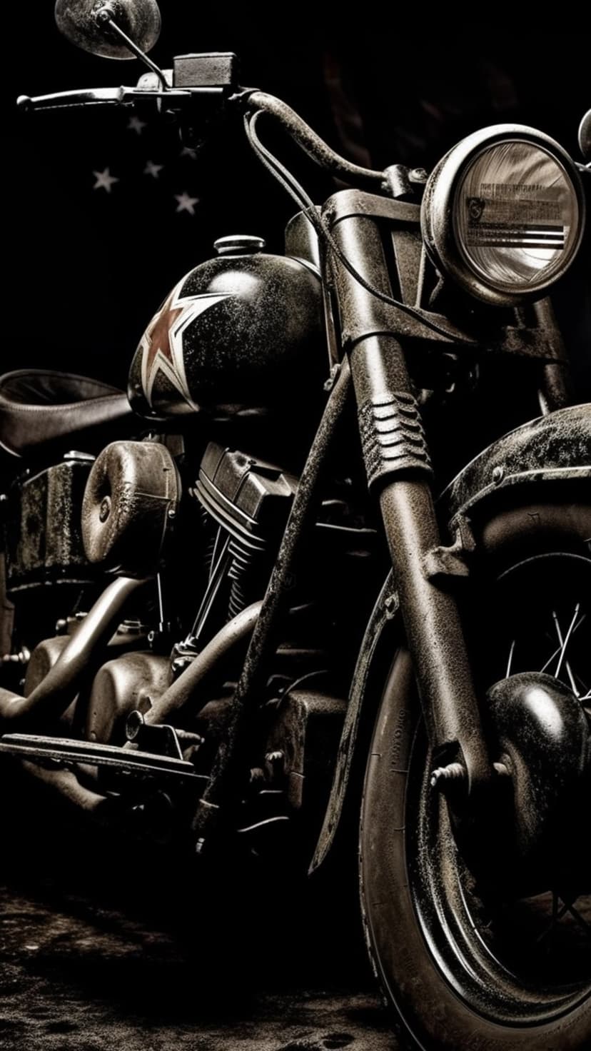 Classic motorcycle with a star emblem, handlebars, and exposed engine parts against a dark, moody backdrop.