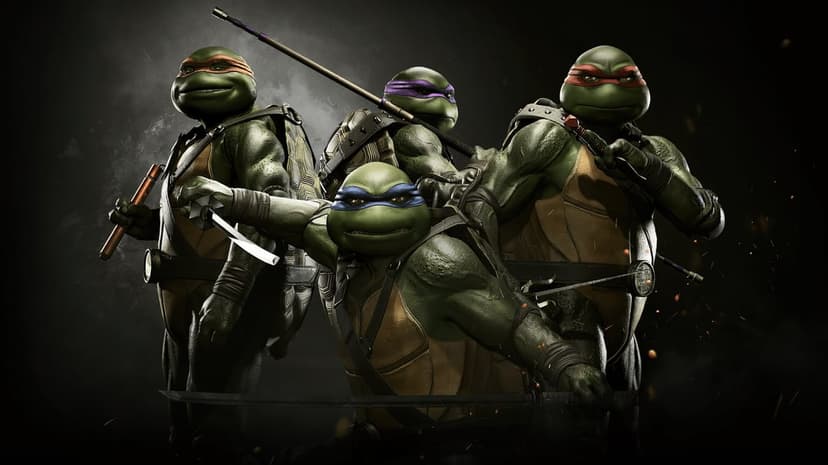 The four Teenage Mutant Ninja Turtles pose with weapons in a dark smoky cinematic environment with dramatic lighting.