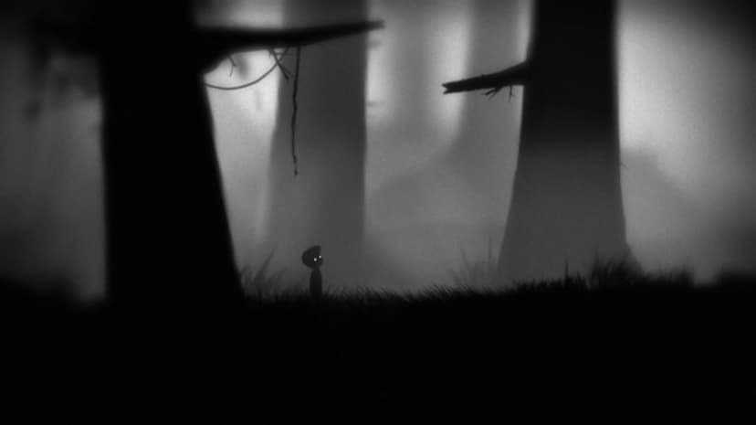 Silhouette of a boy with glowing eyes standing in a dark foggy forest with large trees in monochrome.