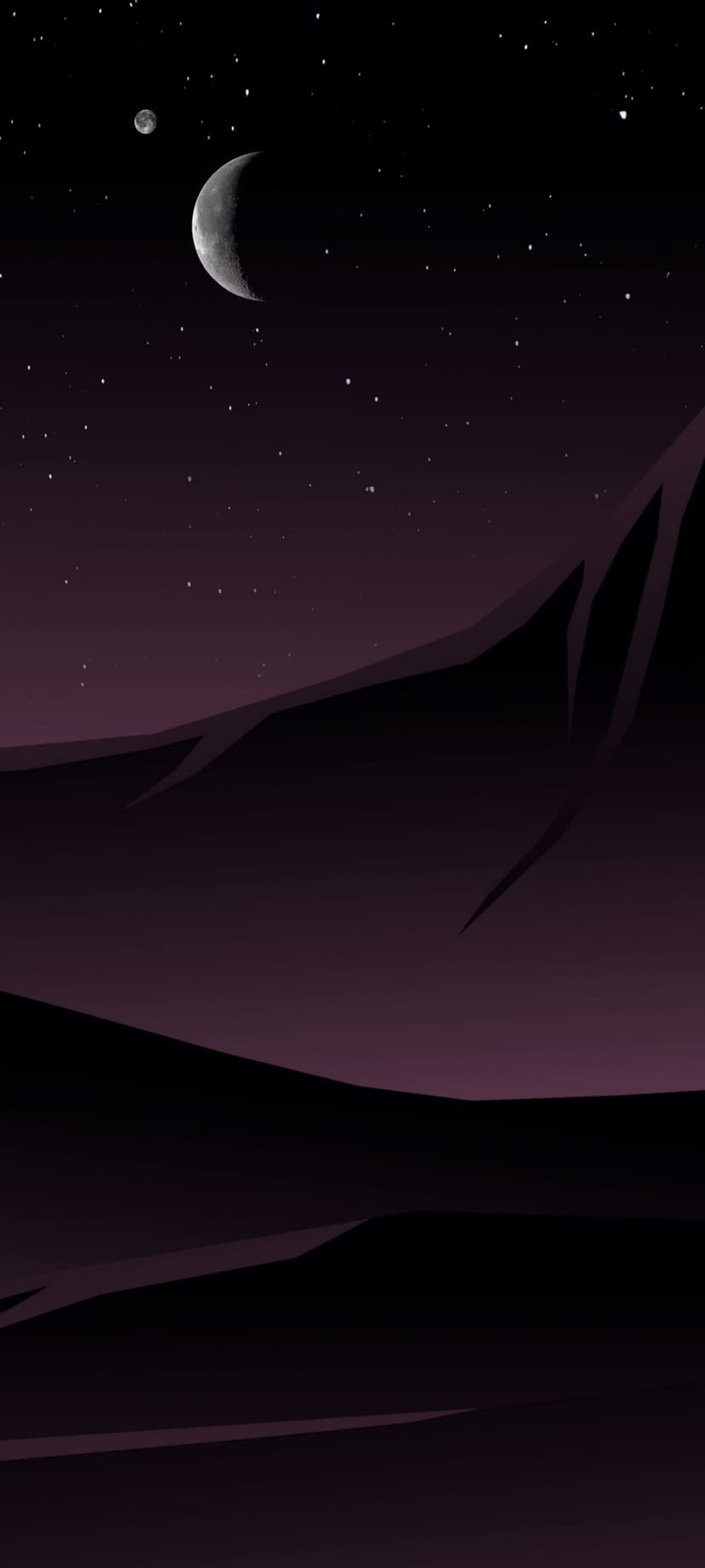 Slender crescent moon and scattered stars shine above dark angular mountain silhouettes in a purple night sky.