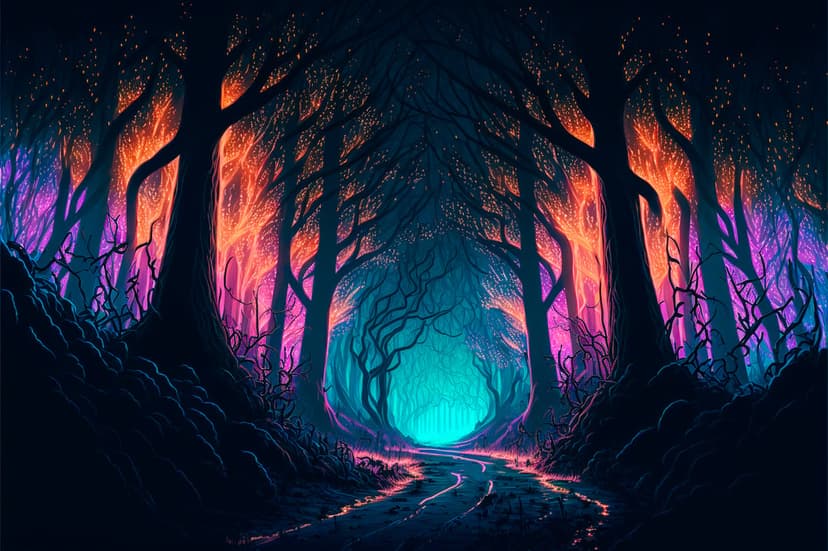 Gnarled trees frame a glowing neon path in shades of purple and orange within a dark, misty fantasy forest.