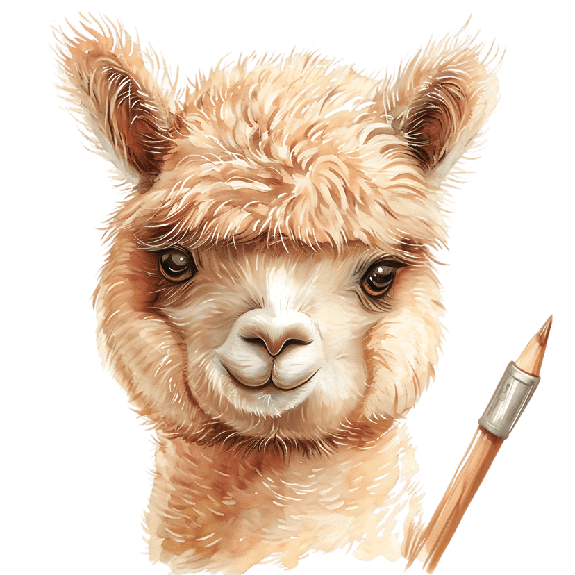 Watercolor alpaca portrait featuring cream fur beside a wooden handle paintbrush with a silver ferrule.