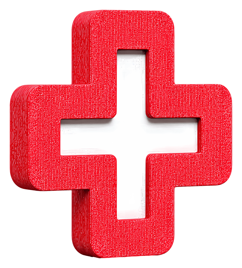 Red Cross medical icon featuring a bold scarlet plus sign with clean geometric lines on a transparent background.