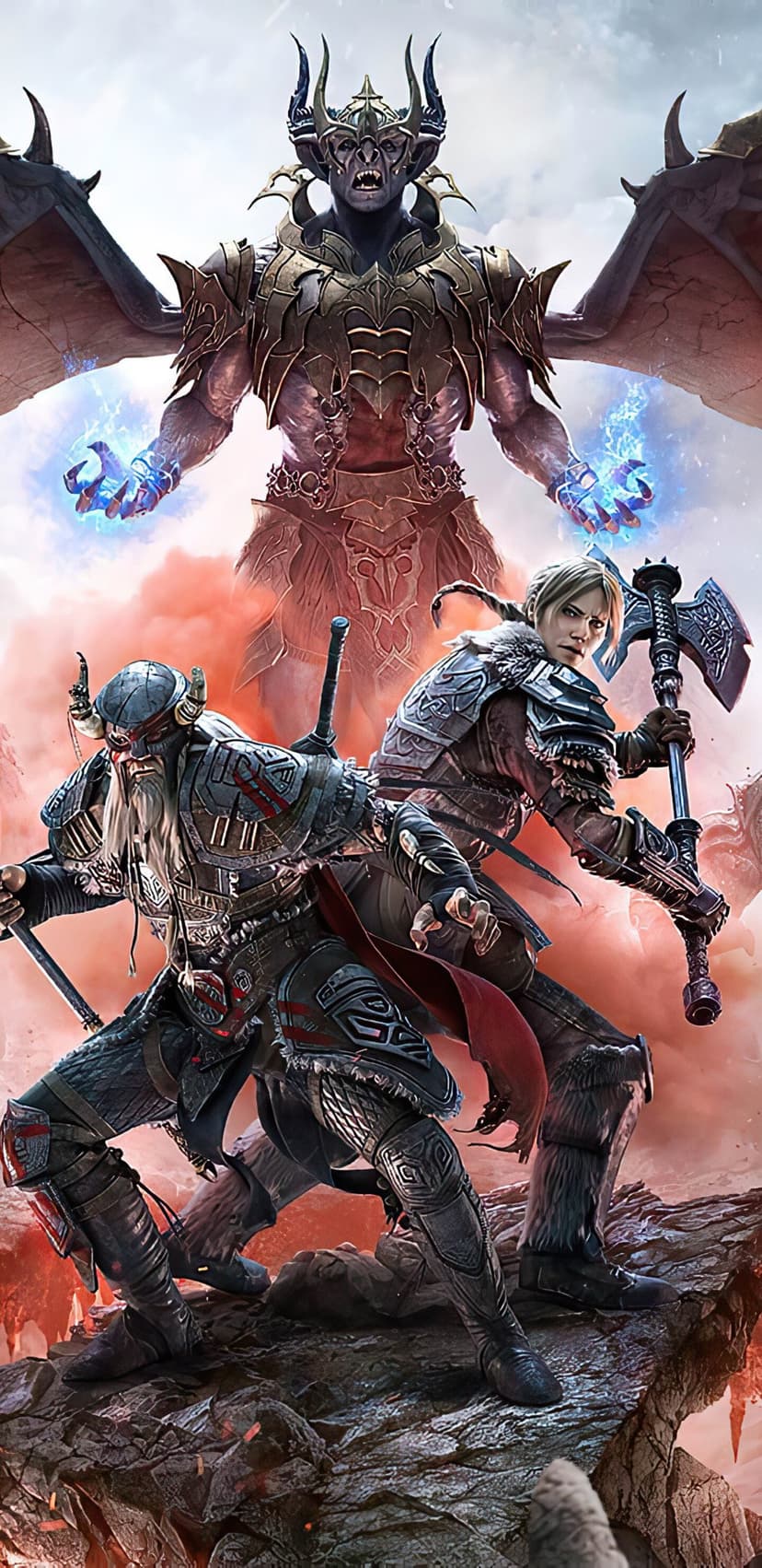 Two armored warriors stand before a massive winged demon lord holding glowing blue arcane magic in a smoky arena.