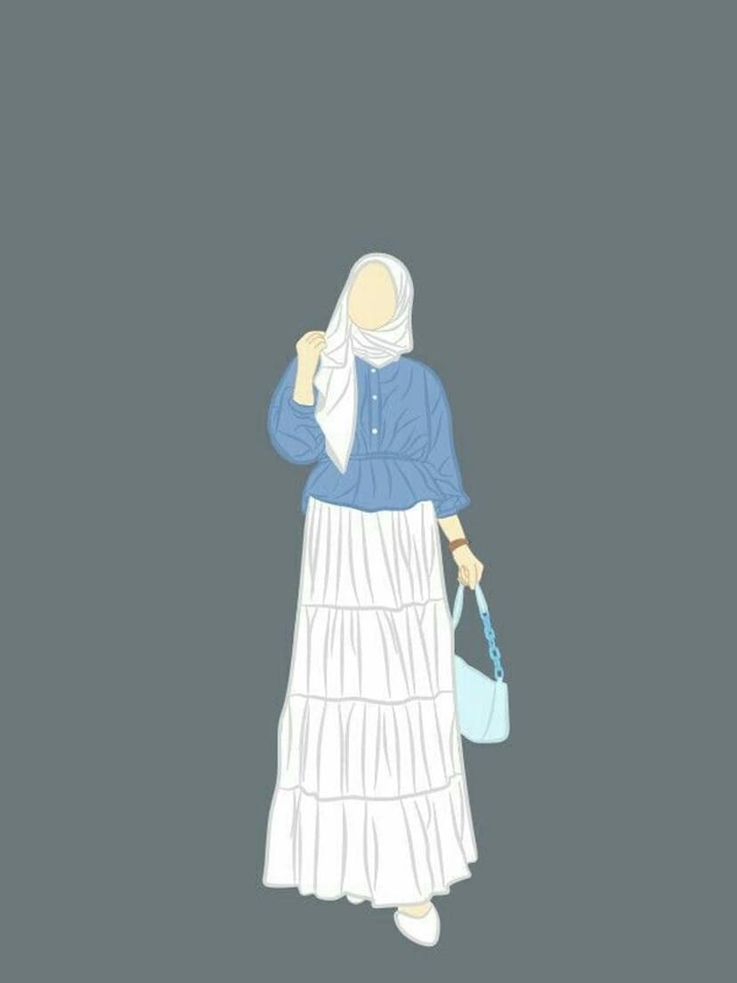 Woman in a white hijab and blue blouse with a tiered skirt holds a small handbag against a solid grey background.
