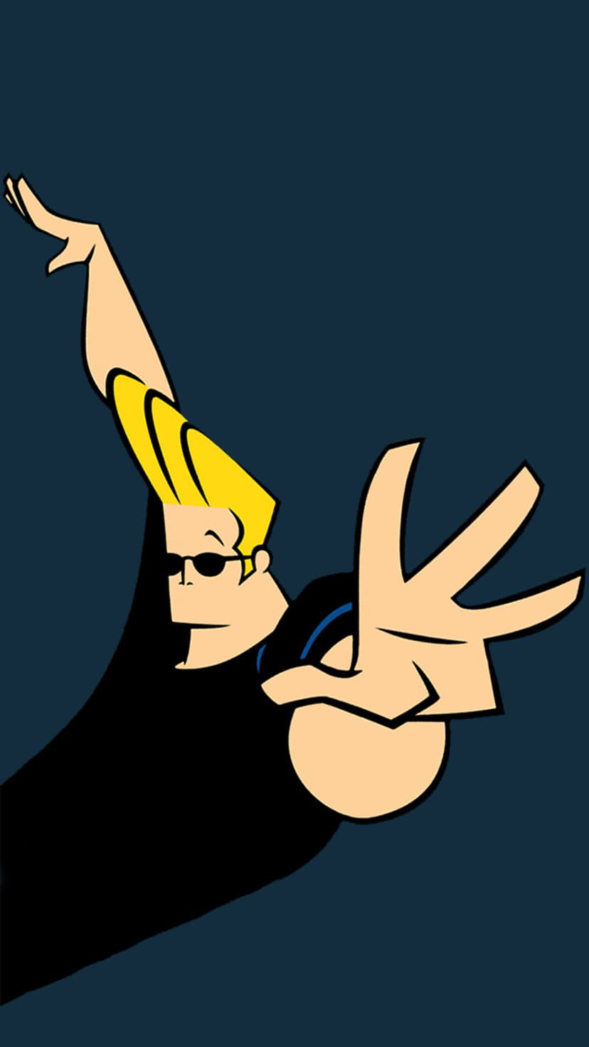 Johnny Bravo flexes with a peace sign, wearing sunglasses and a black tee against a solid dark blue background.