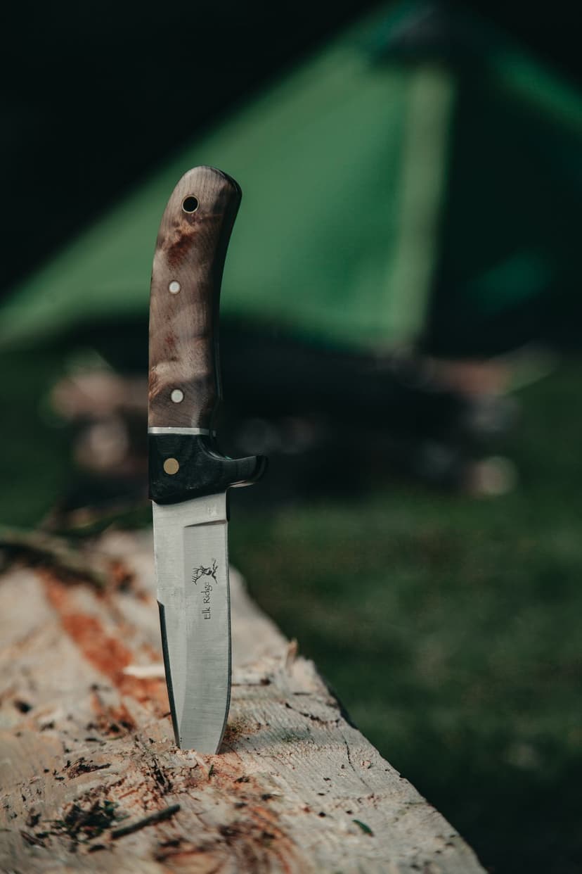 Fixed-blade hunting knife with a wooden handle stuck in a textured log near a blurred green camping tent.