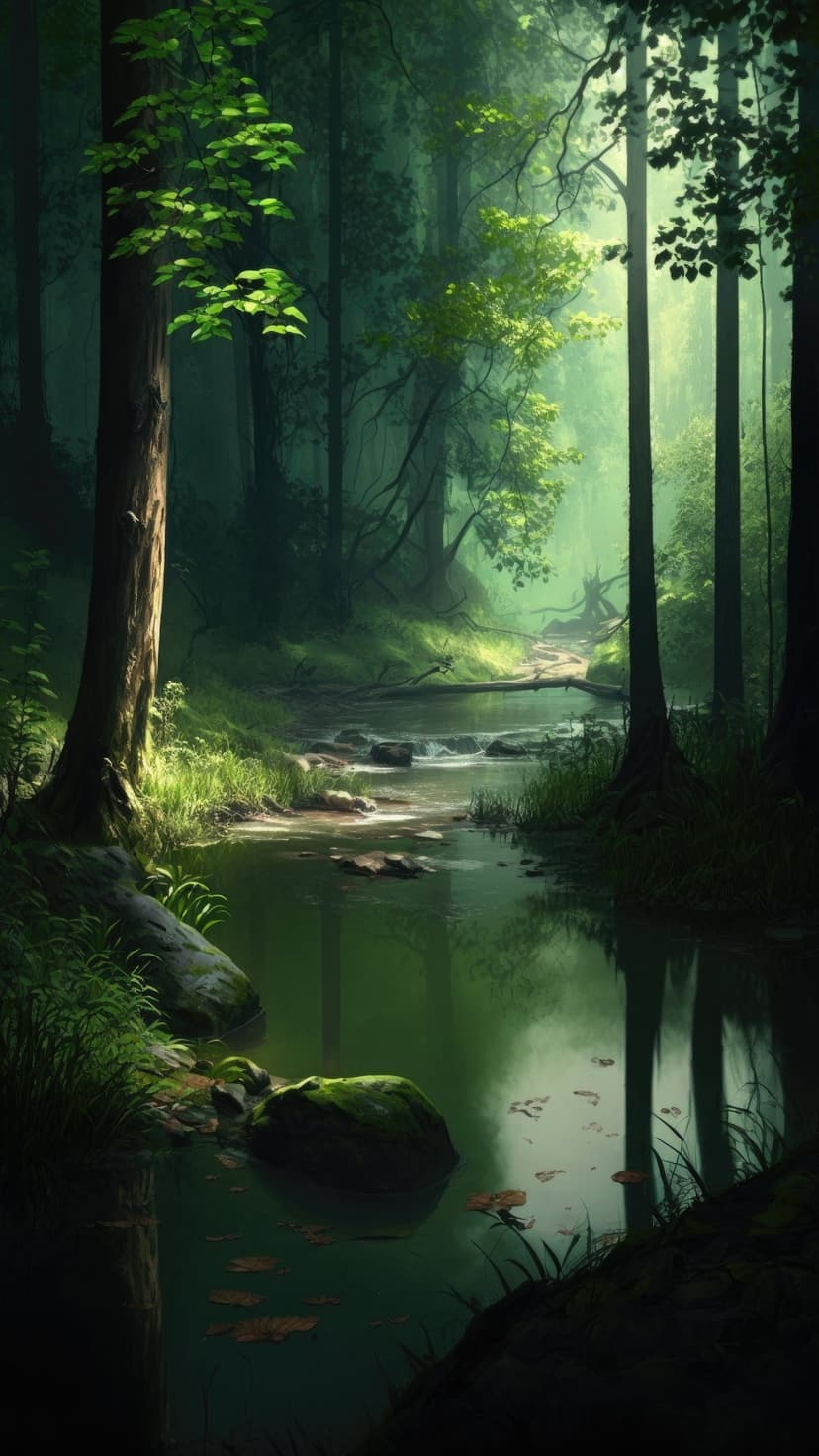 Sunlight filters through dense green trees onto a clear stream flowing over mossy rocks in a lush forest.