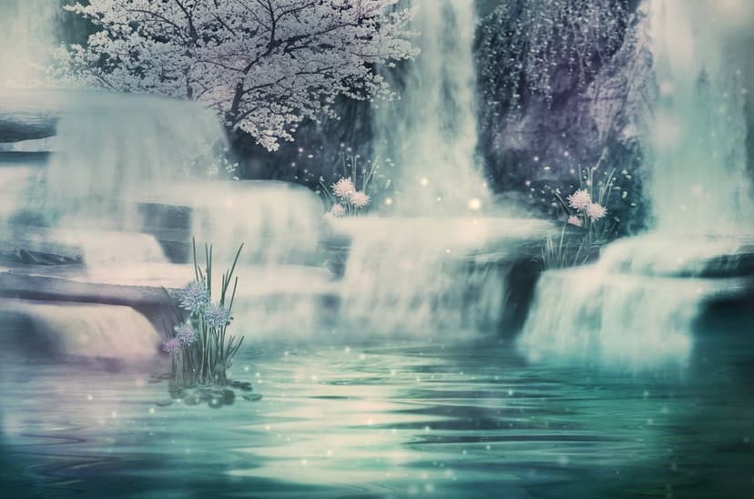 Cascading waterfall flows under blooming white cherry trees amidst misty forest air with soft water reflections.