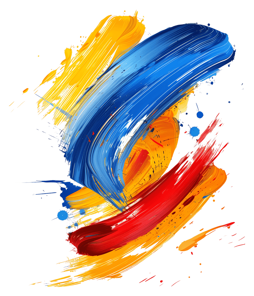 Colorful abstract brush strokes featuring thick acrylic paint textures and vibrant multi-colored streaks on transparent.
