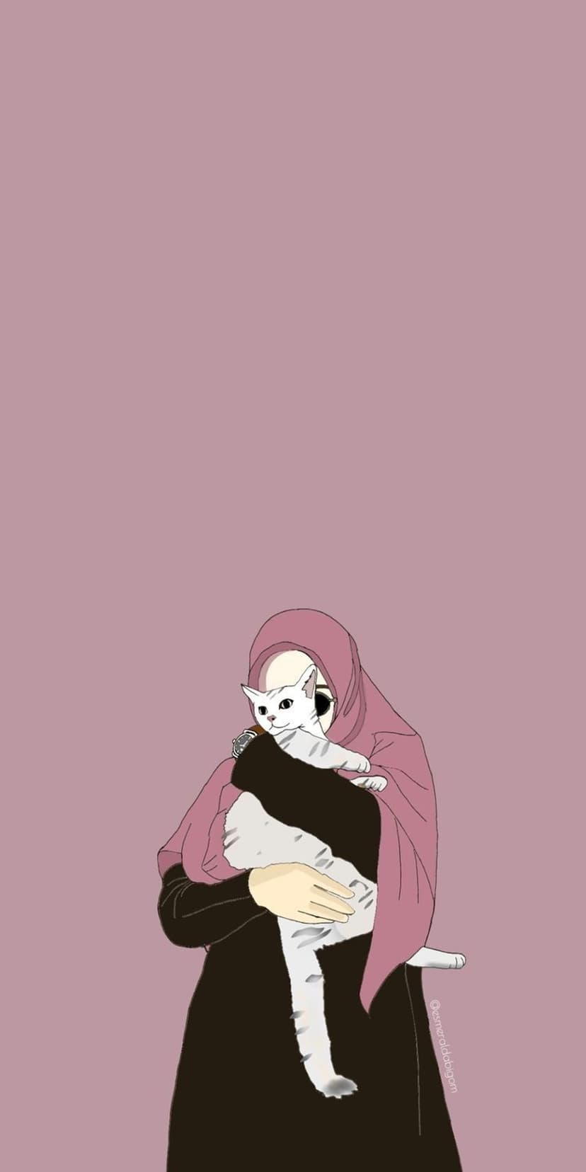 Woman in a pink hijab cradles a white cat with grey stripes against a solid soft rose-colored background.