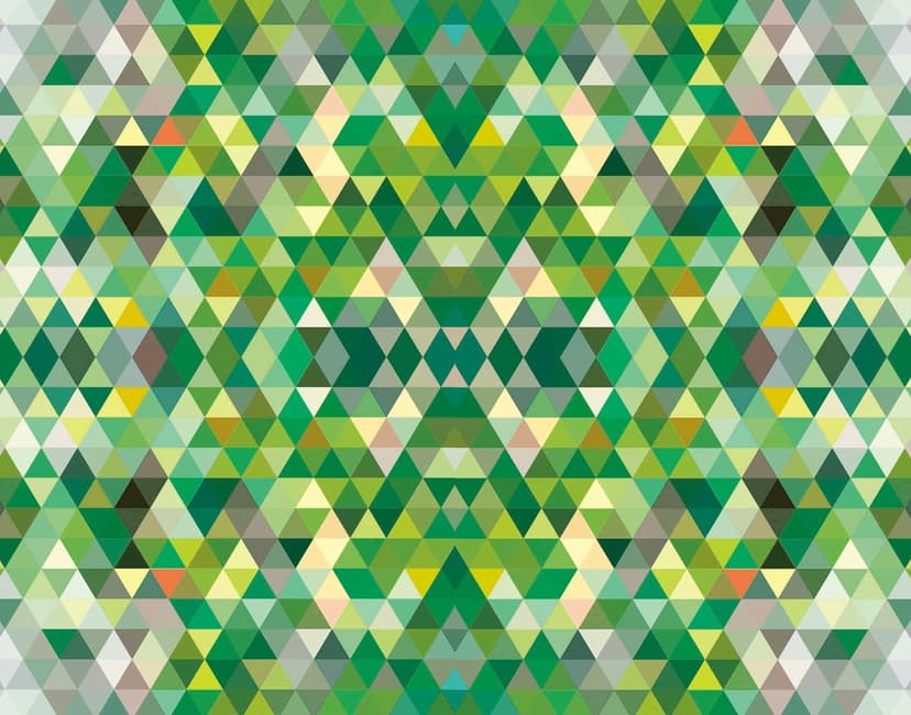 Symmetrical green and yellow triangle mosaic forming a central diamond shape in a faceted geometric pattern.