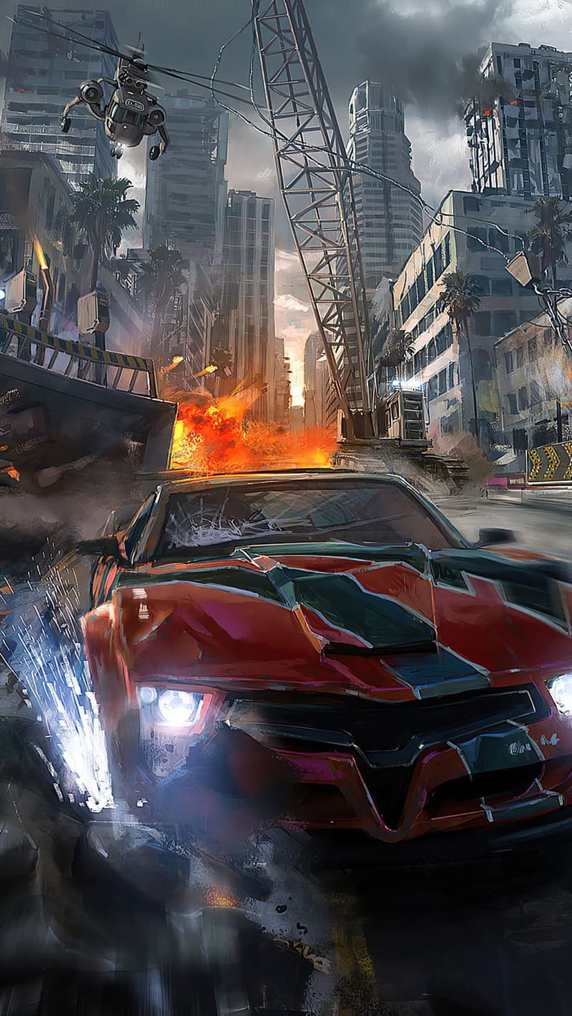 Red sports car driving through debris in a destroyed city with a helicopter hovering above a smoking skyline.