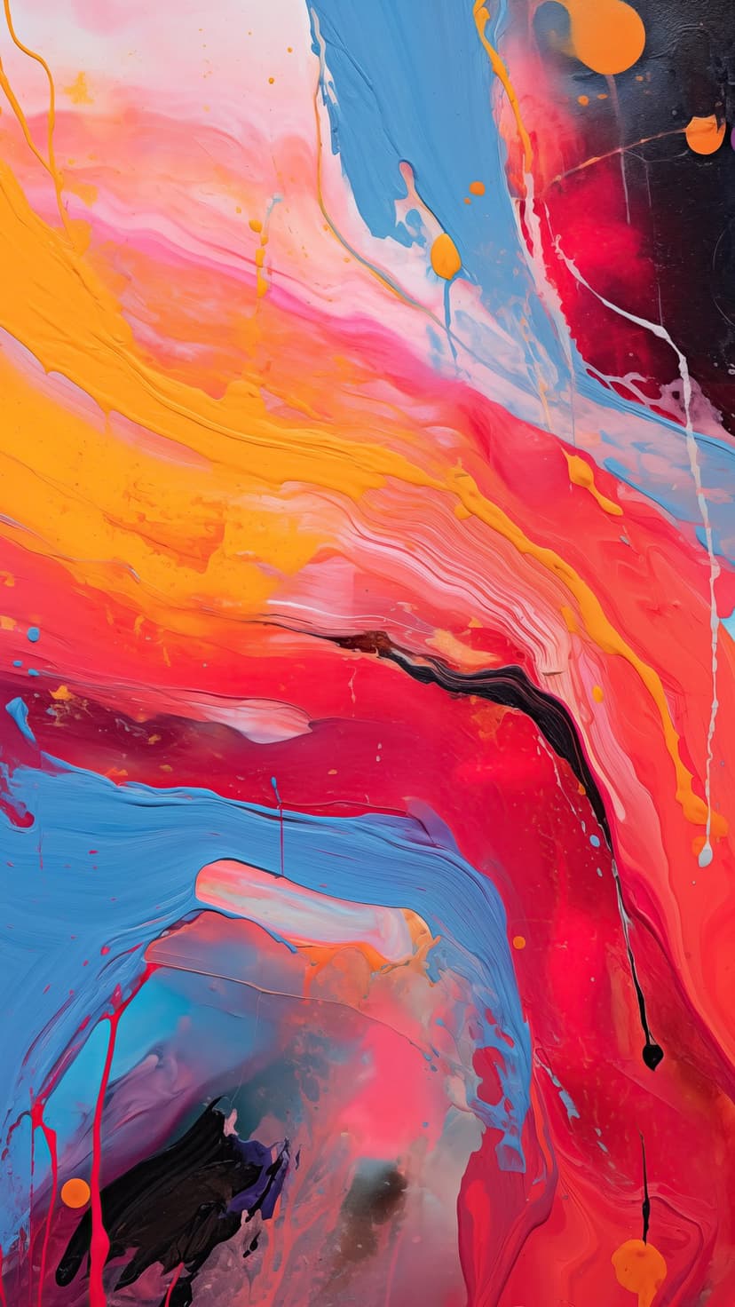Red and orange paint drips overlap cool blue strokes in a textured, multi-layered vertical abstract composition.