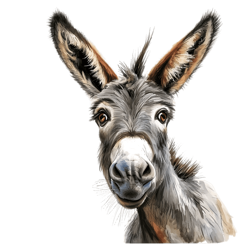 Donkey watercolor portrait highlights textured fur and large ears against a dark minimalist background.
