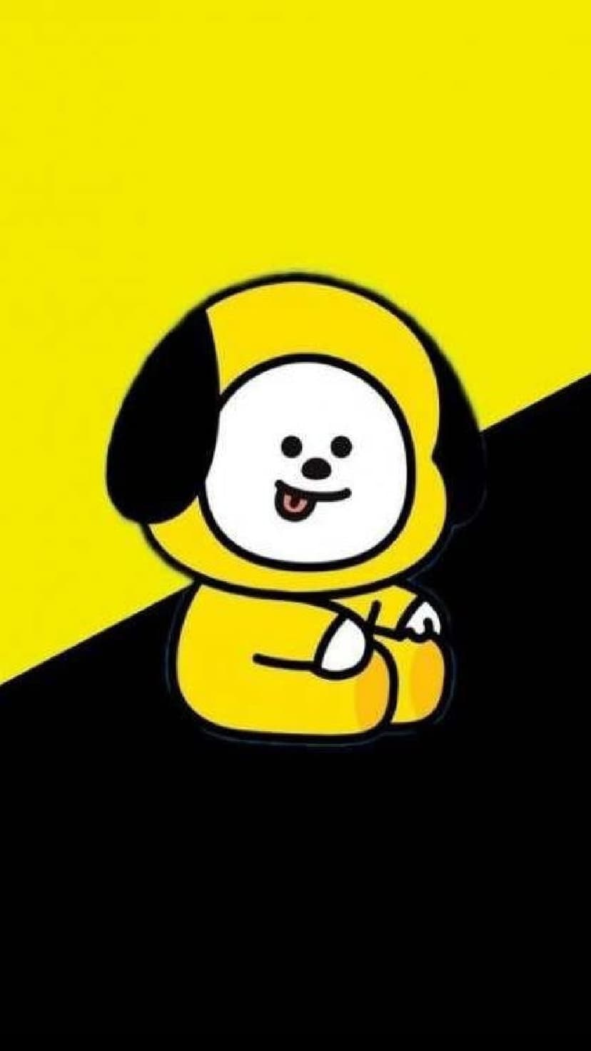 Yellow cartoon puppy with black ears and a pink tongue sitting against a split black and yellow background.