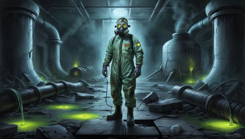Person in a green hazmat suit and gas mask stands over glowing green liquid in a dark industrial factory setting.