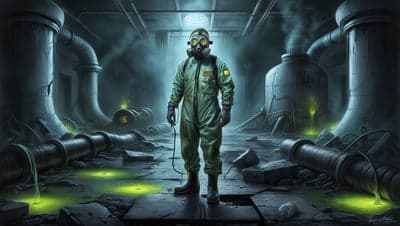 Man in Hazmat Suit in Polluted Industrial Setting