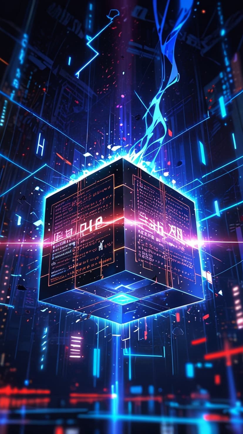 Luminous neon cube with circuit patterns floats in a dark futuristic city with blue and red light trails.