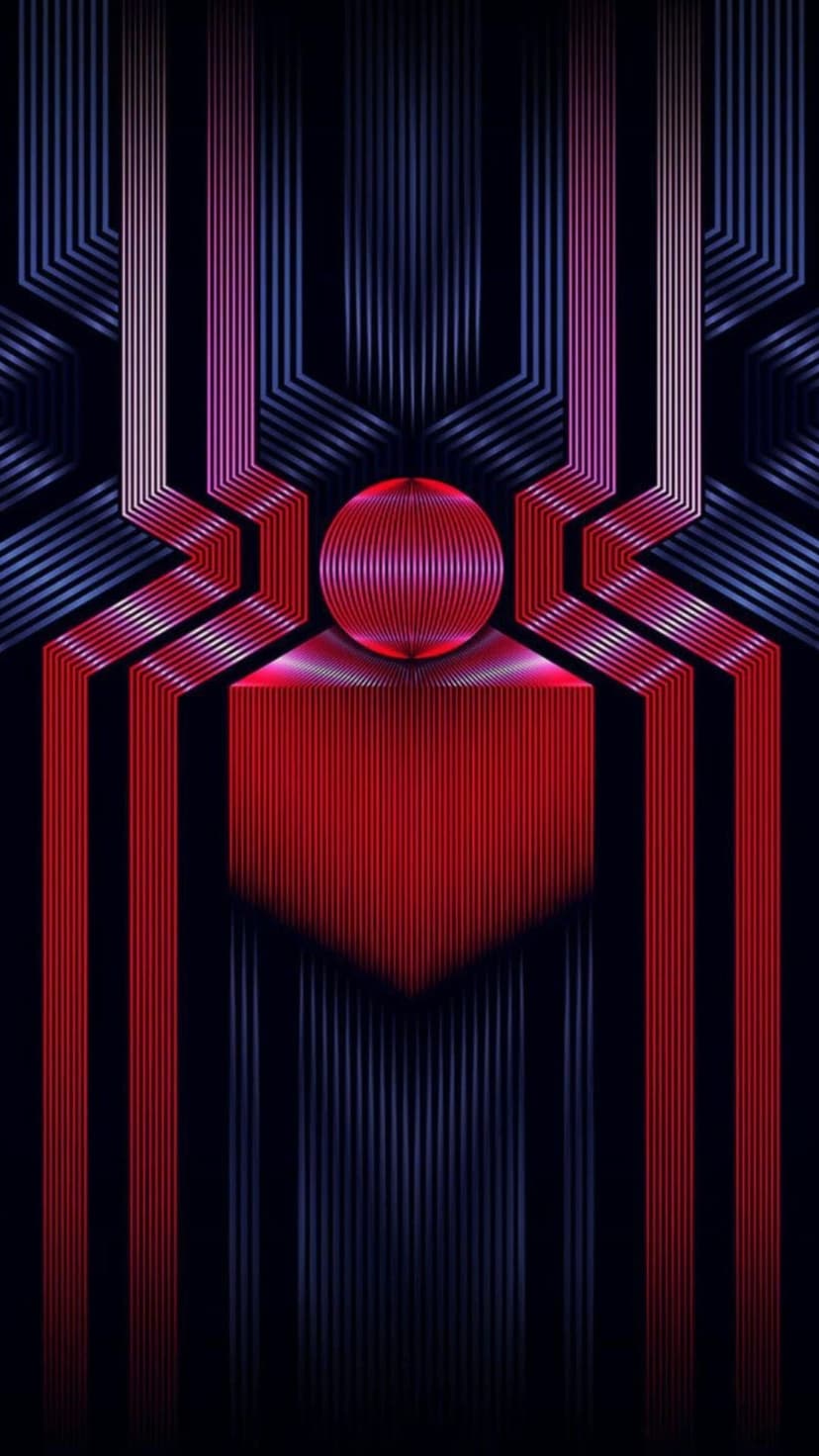 Spider-Man spider symbol formed by glowing red and blue geometric lines over a dark textured background.