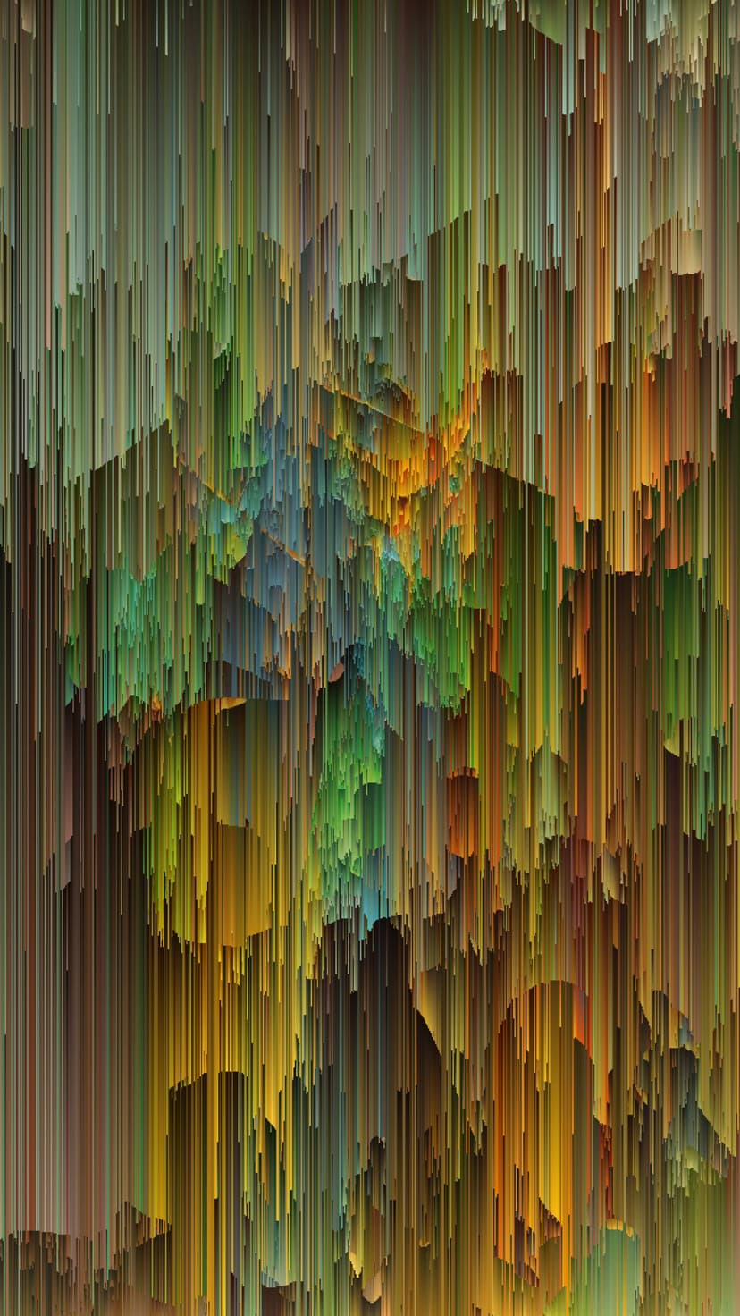 Vertical lines in shades of green, gold, and orange cascade downward with a textured, pixelated glitch effect.