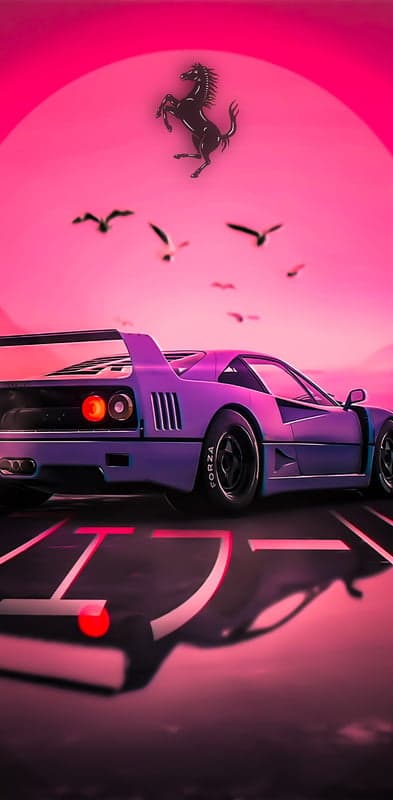 Neon Purple Ferrari F40 Retro Sunset Aesthetic Phone Wallpaper