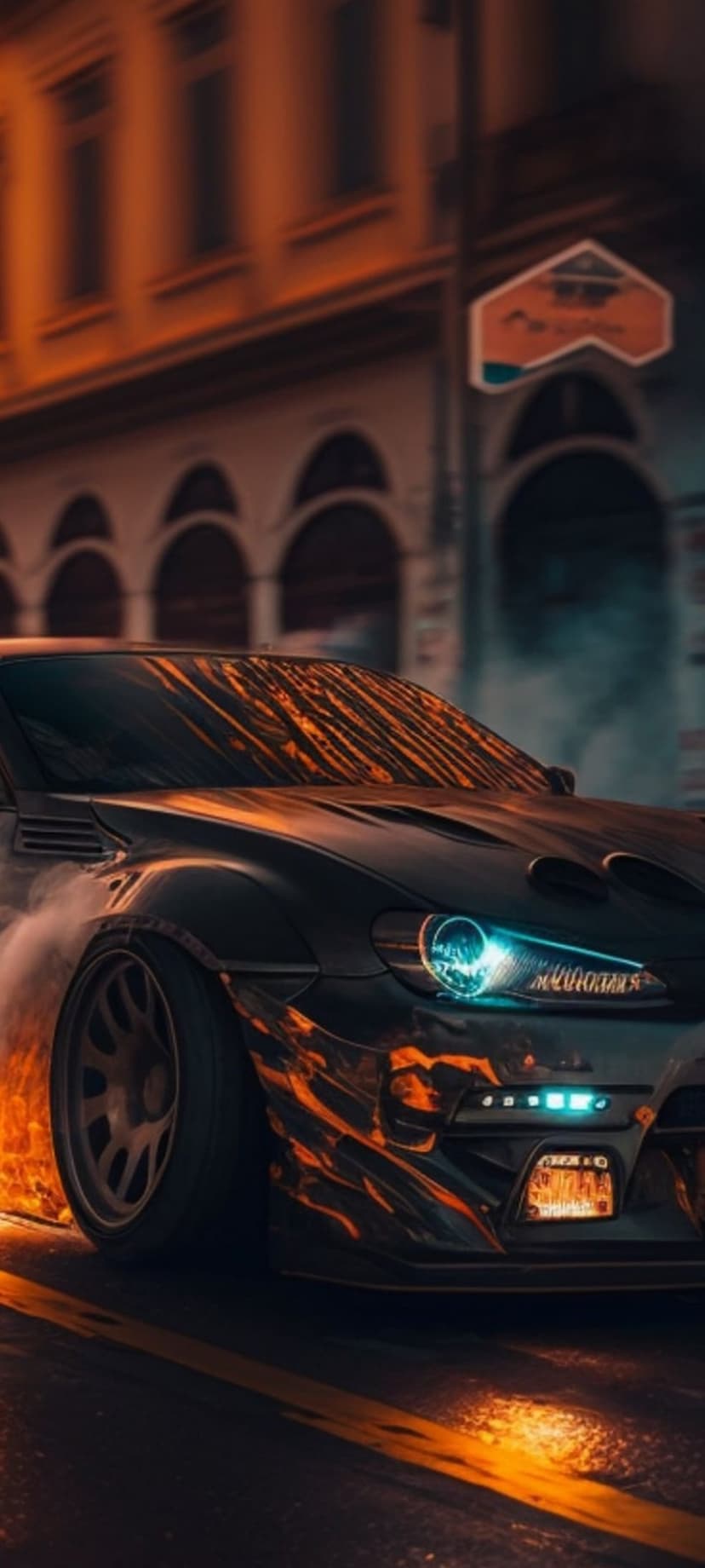 Black sports car drifting on a wet street with glowing blue headlights and orange flame decals in the night air.