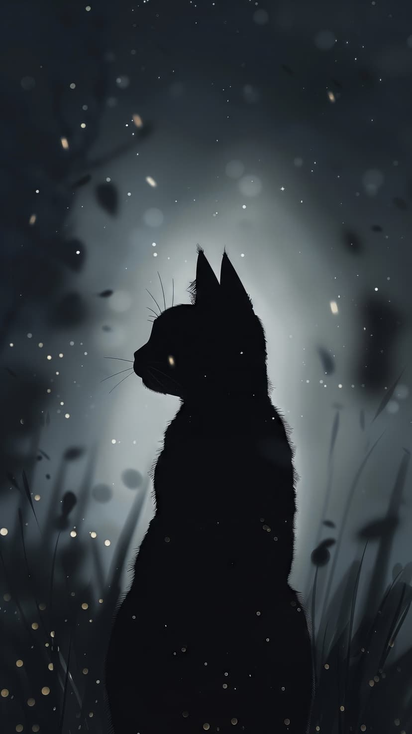 Black cat silhouette with glowing yellow eyes sits in a dark forest filled with fireflies and bokeh lights.