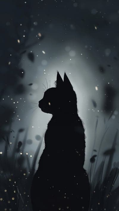 Silhouette Black Cat in a Magical Night Forest