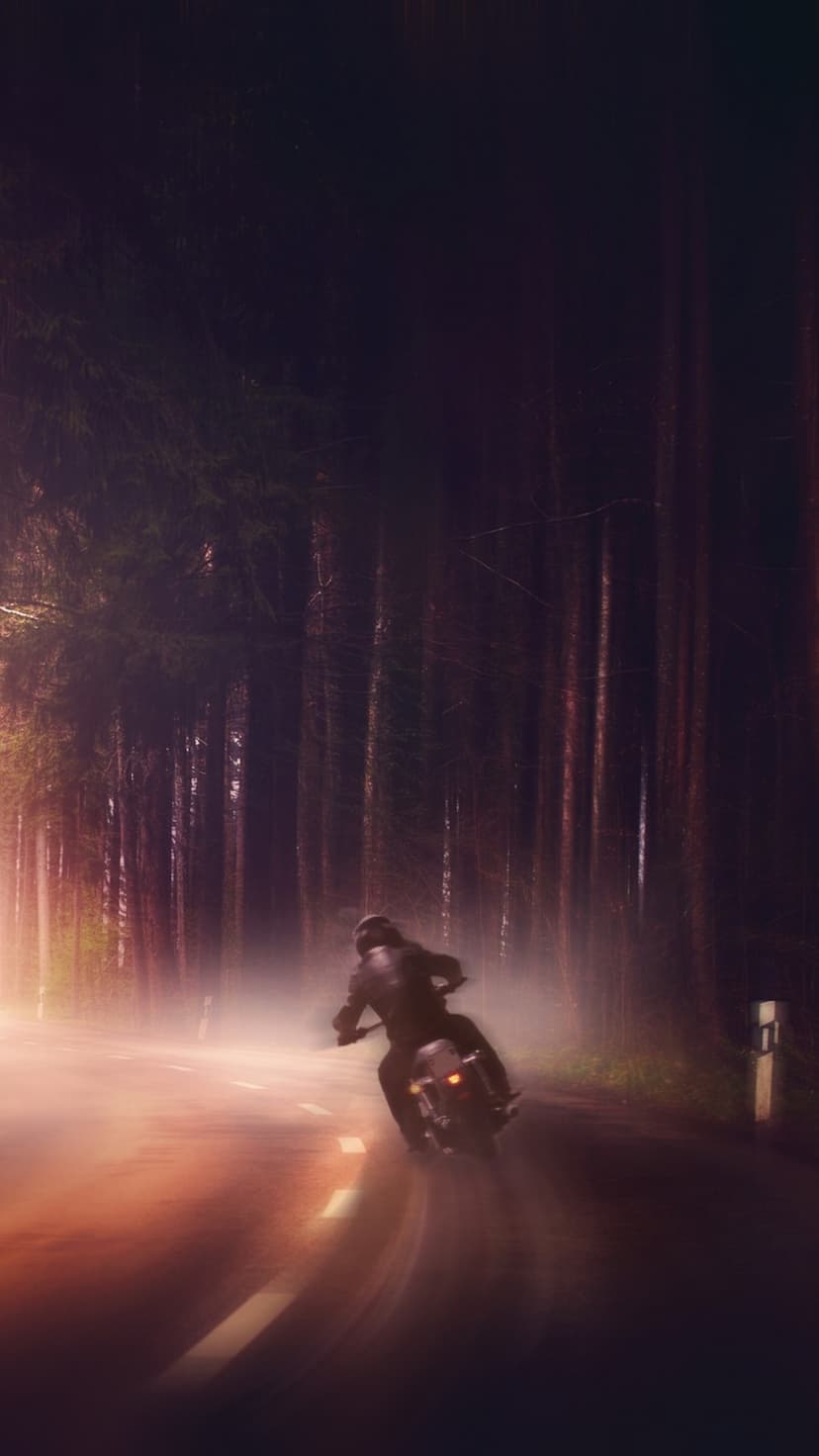 Motorcyclist leaning into a dark forest curve while thick mist and motion blur surround the glowing headlight.