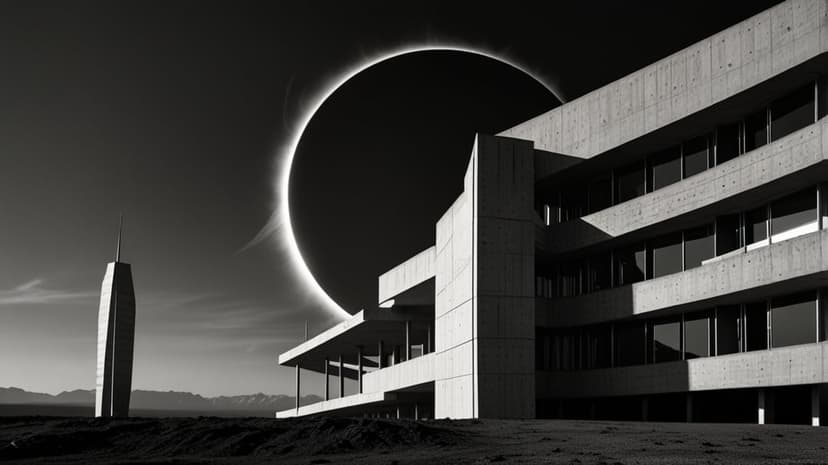 Total solar eclipse with a radiant corona above a geometric concrete building and a slender futuristic tower.
