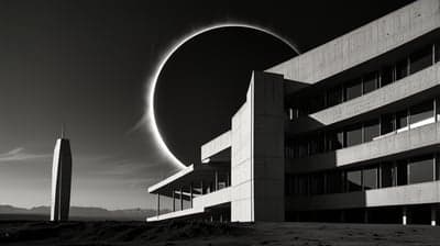 Monochrome Eclipse over Brutalist Concrete Architecture