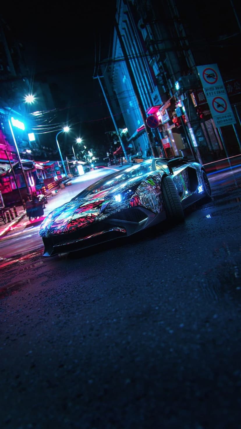 Lamborghini supercar with neon reflections races down a wet city street flanked by glowing blue and pink lights.