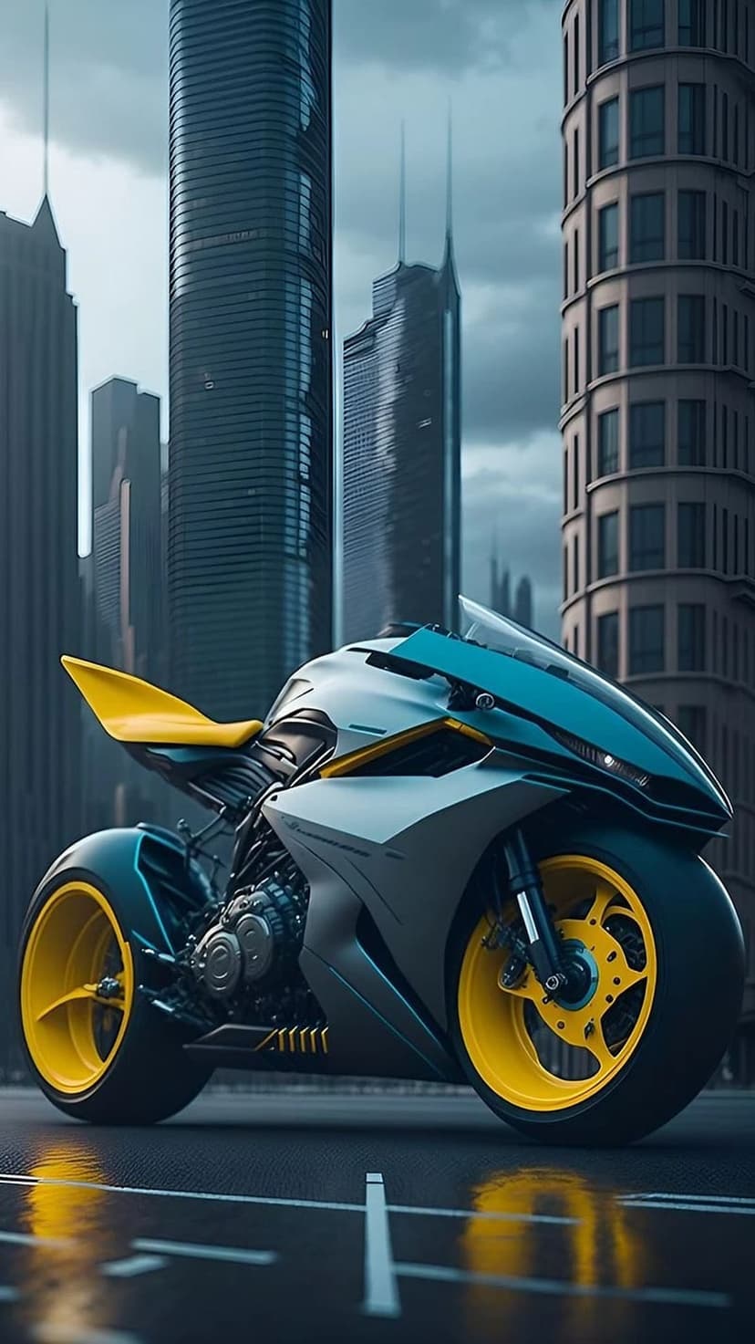 Yellow futuristic motorcycle parked on a wet street surrounded by glowing skyscrapers in a night city.