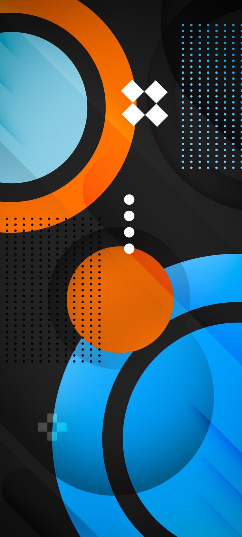 Blue and orange circles overlap a grid of dots and a white diamond cross on a textured dark gray background.
